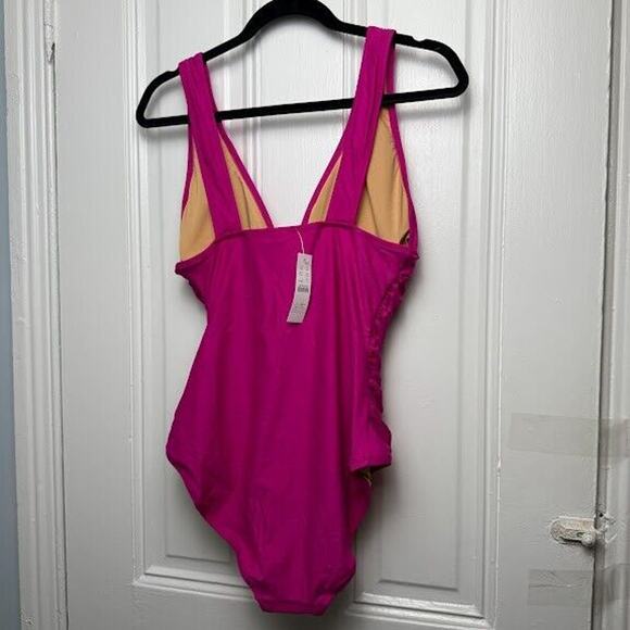 J Crew Swim Suit Womens 12 Fuscia Pink Ruched V Neck One Piece Cups Summer NWT - Picture 2 of 9